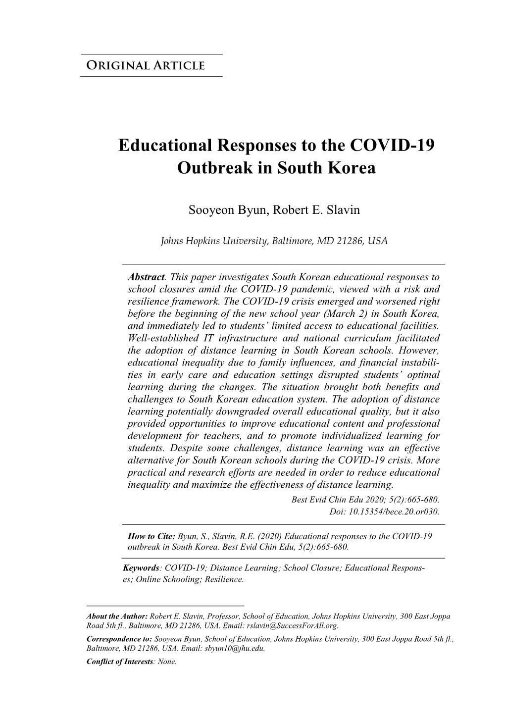 Educational Responses to the COVID-19 Outbreak in South Korea