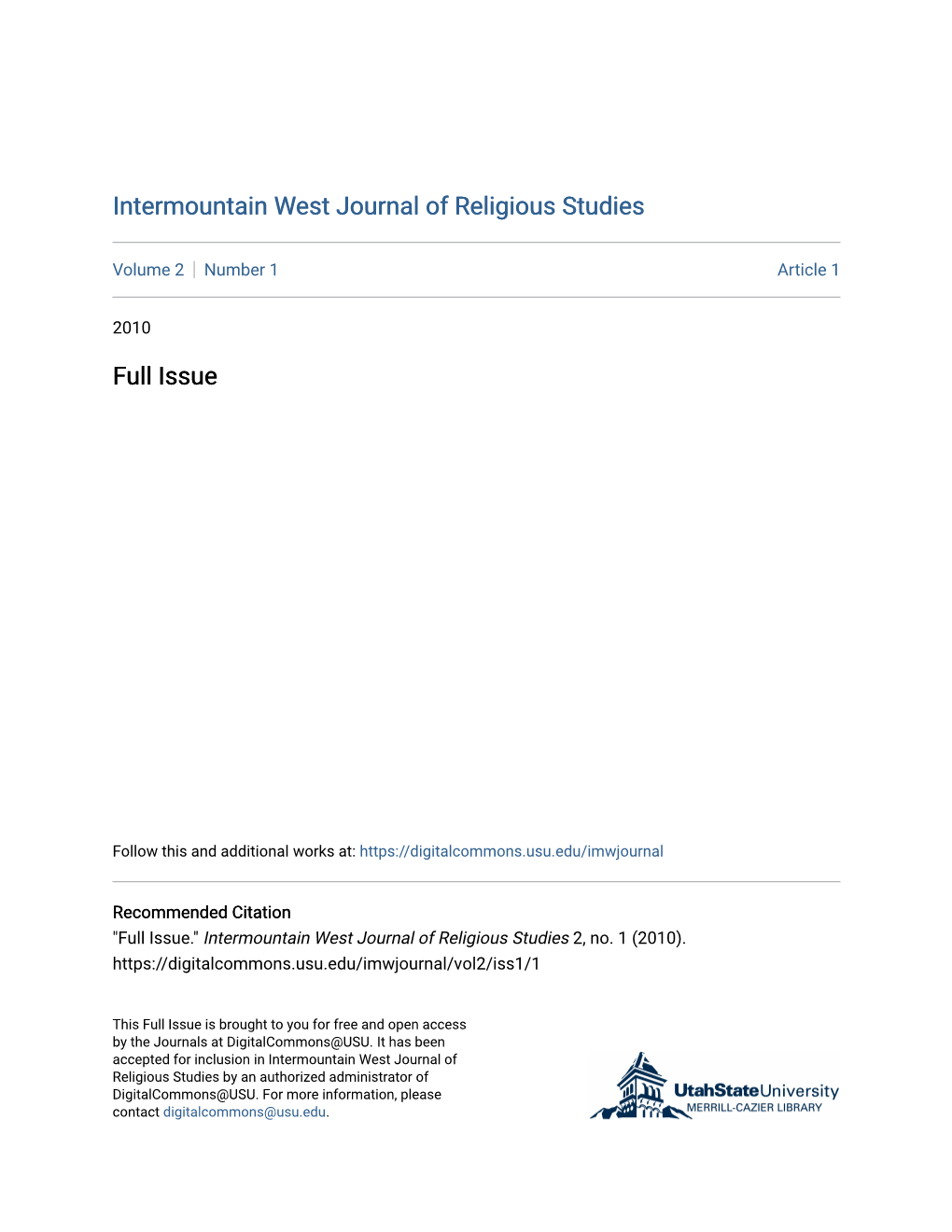 Intermountain West Journal of Religious Studies