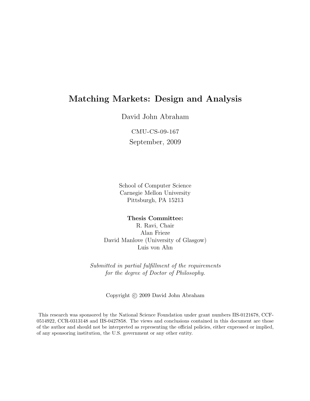 Matching Markets: Design and Analysis