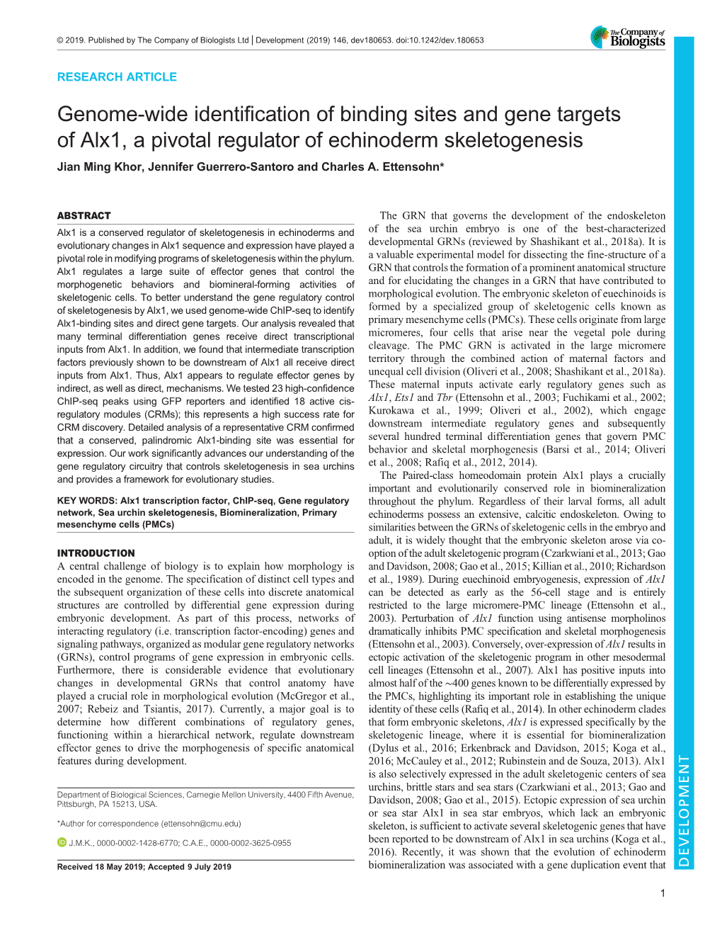 Genome-Wide Identification of Binding Sites and Gene Targets of Alx1, A