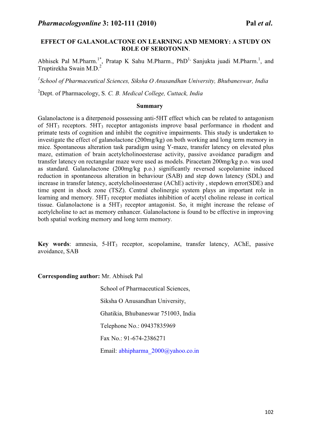 Pharmacologyonline 3: 102-111 (2010) Pal Et