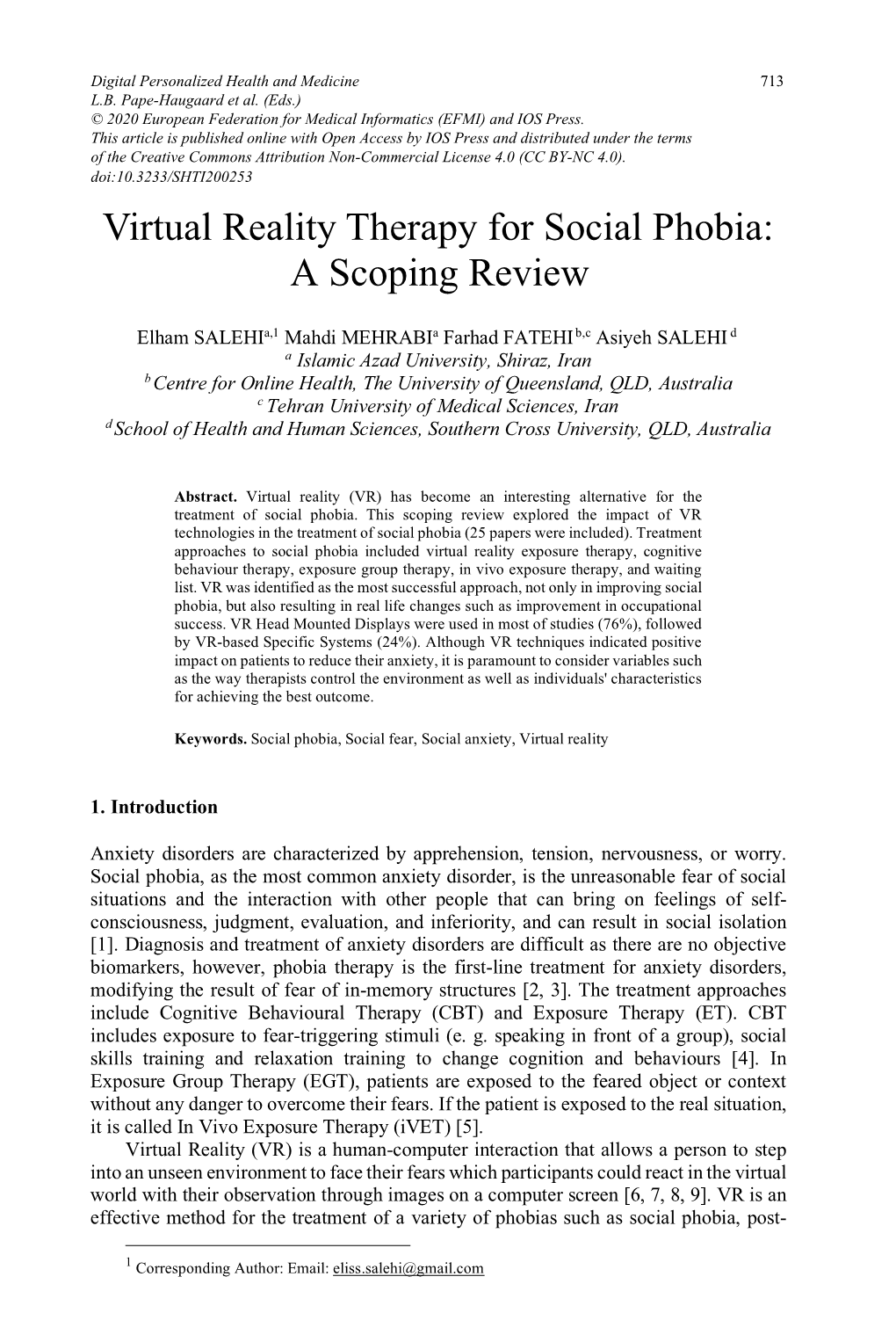 Virtual Reality Therapy for Social Phobia: a Scoping Review