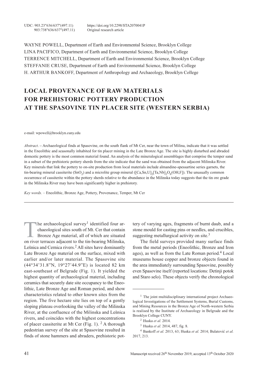 Local Provenance of Raw Materials for Prehistoric Pottery Production at the Spasovine Tin Placer Site (Western Serbia)