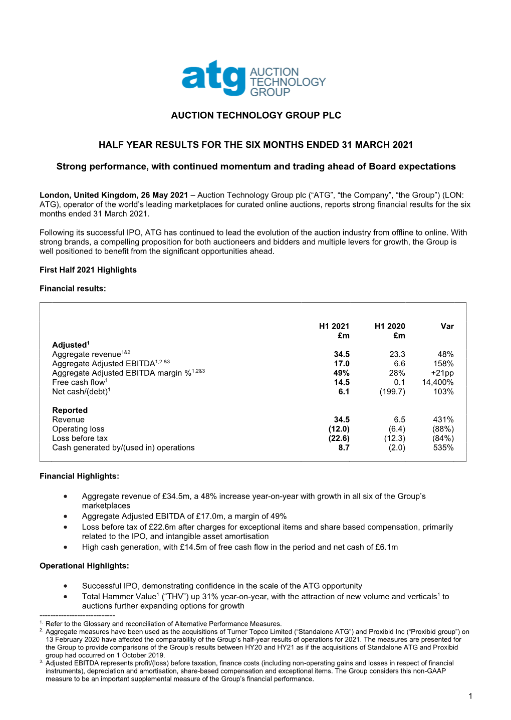 ATG Interim Results H1 2021