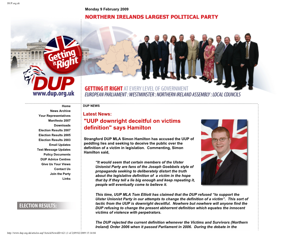 DUP.Org.Uk Monday 9 February 2009