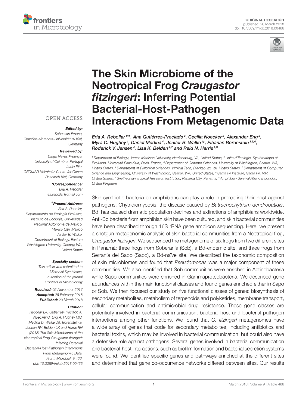 The Skin Microbiome of the Neotropical Frog Craugastor Fitzingeri
