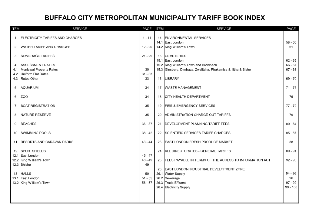 Buffalo City Metropolitan Municipality Tariff Book Index