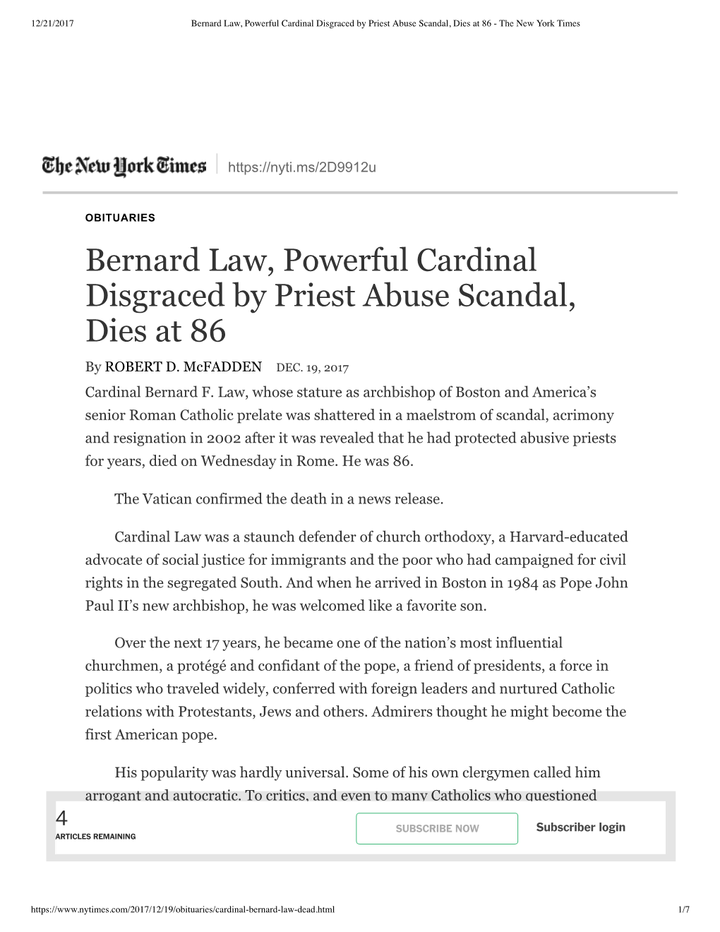Bernard Law, Powerful Cardinal Disgraced by Priest Abuse Scandal, Dies at 86 - the New York Times