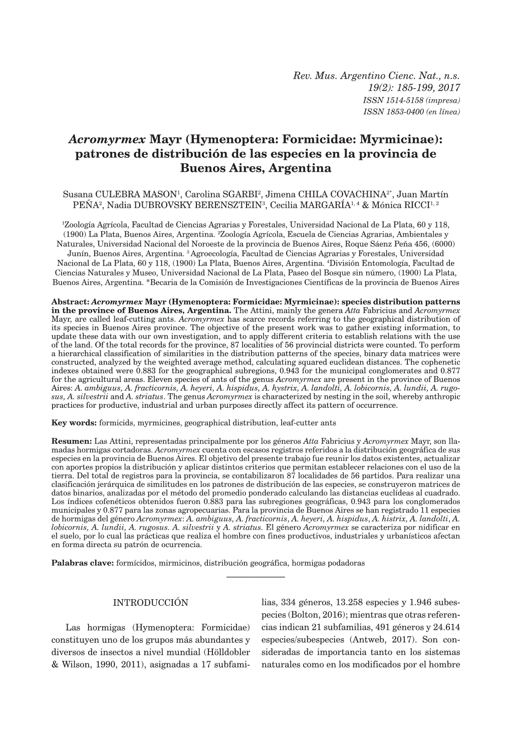 Acromyrmex Mayr (Hymenoptera: Formicidae: Myrmicinae): Patrones De Distribución De Las Especies En La Provincia De Buenos Aires, Argentina