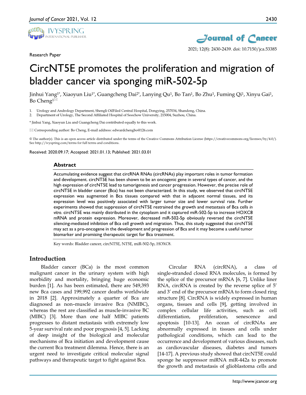 Circnt5e Promotes the Proliferation and Migration of Bladder Cancer Via