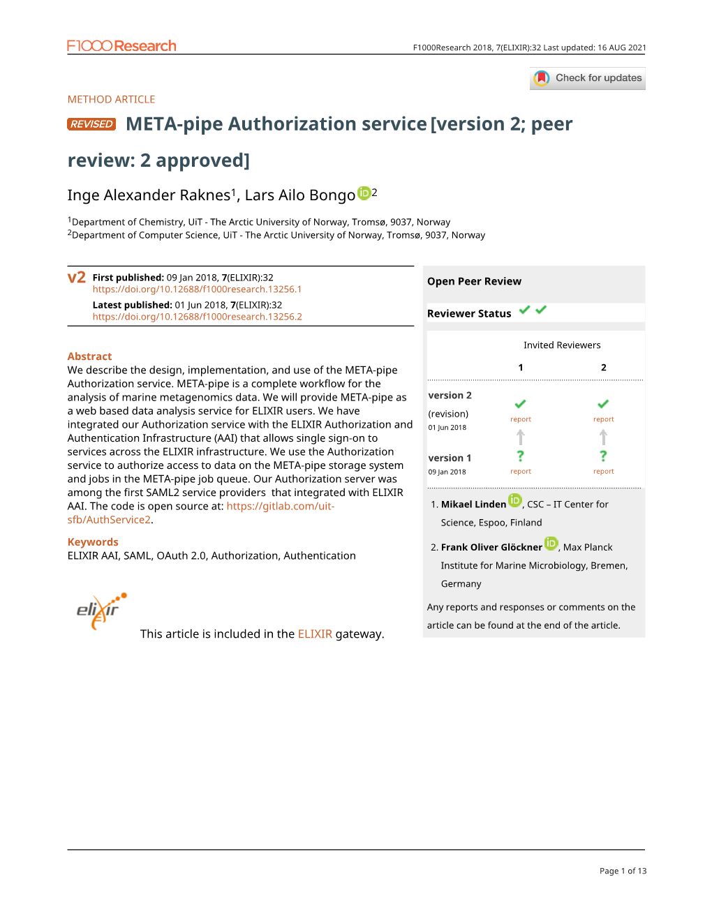 META-Pipe Authorization Service[Version 2; Peer Review: 2