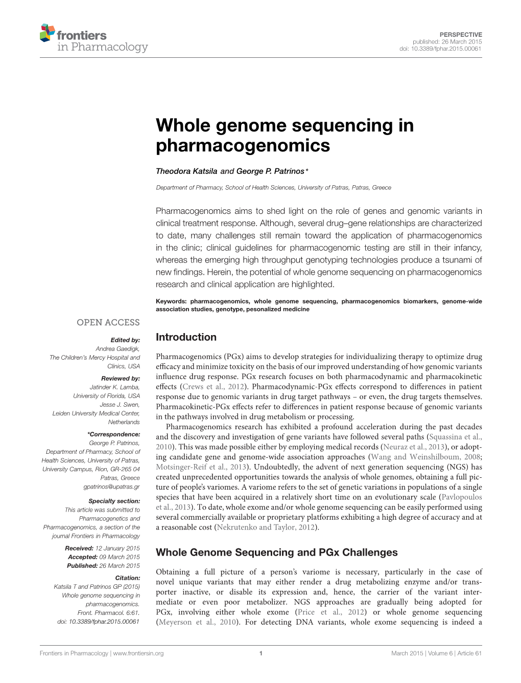 Whole Genome Sequencing in Pharmacogenomics
