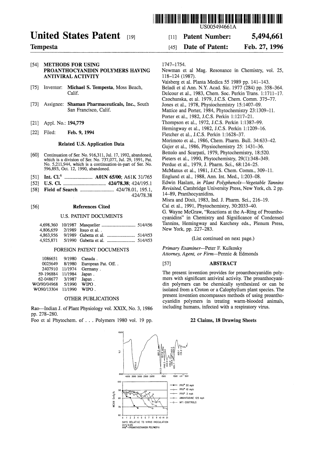 III IIII USOO549466A United States Patent (19) 11 Patent Number: 5,494,661 Tempesta (45) Date of Patent: Feb