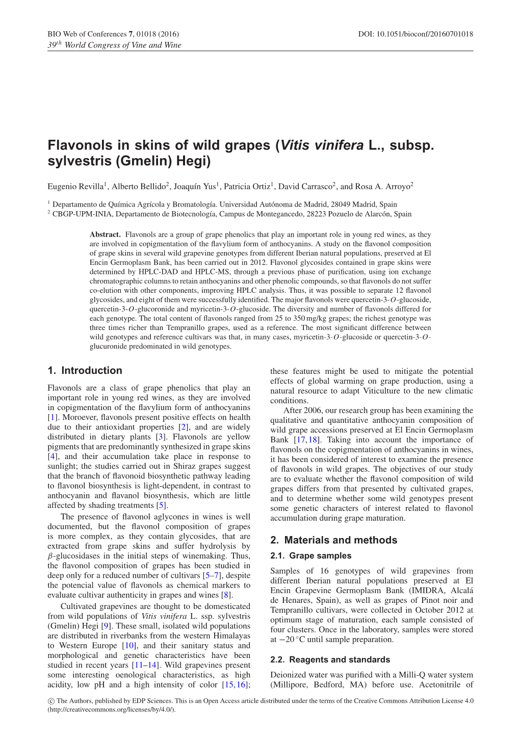 Flavonols in Skins of Wild Grapes (Vitis Vinifera L., Subsp