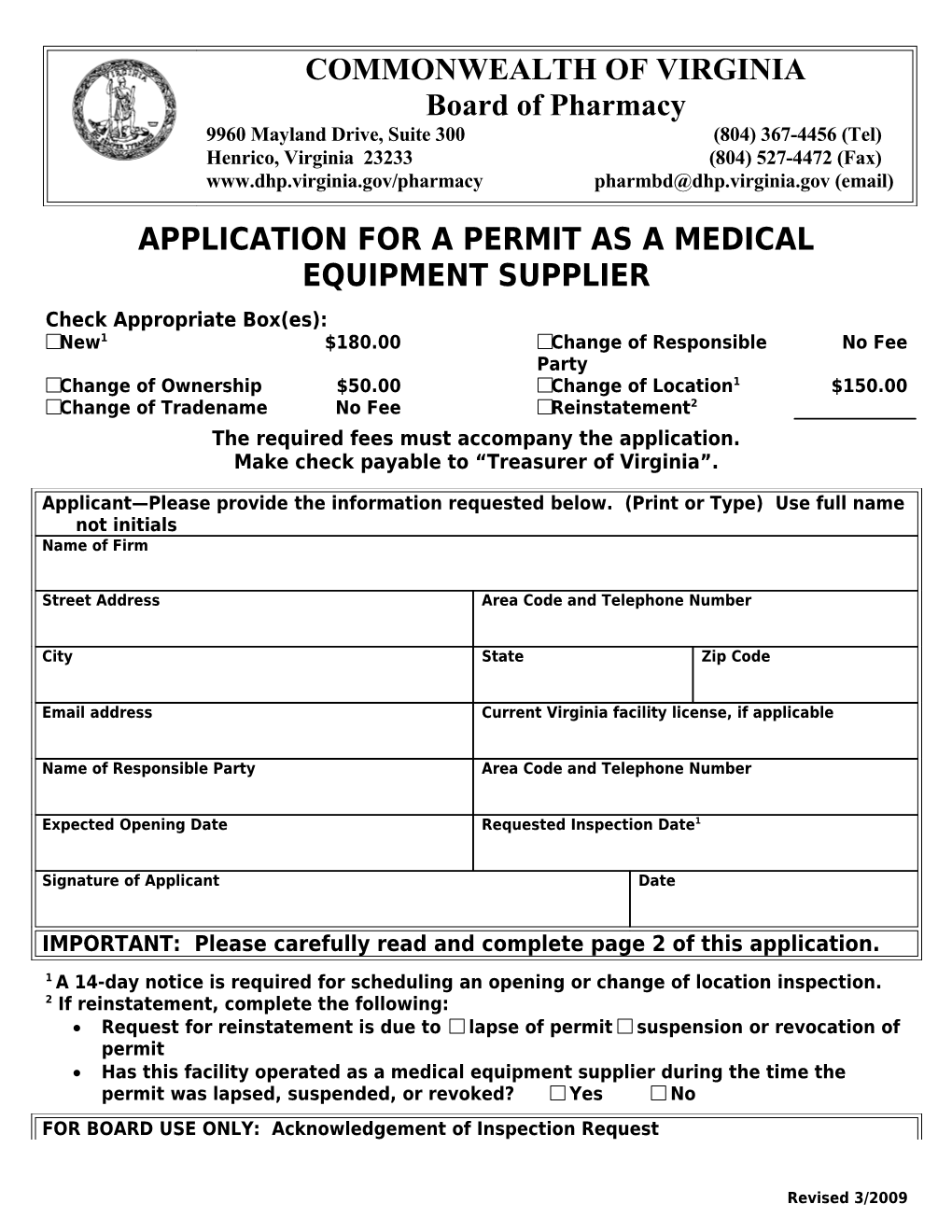 Board of Pharmacy Application for Medical Equipement Supplier