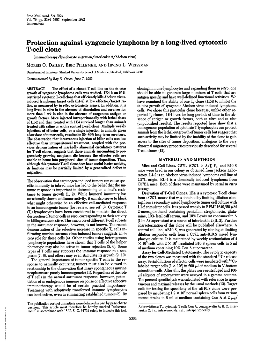 Protection Against Syngeneic Lymphoma by a Long-Lived Cytotoxic T-Cell Clone (Immunotherapy/Lymphocyte Migration/Interleuldn 2/Abelson Virus) Morris 0