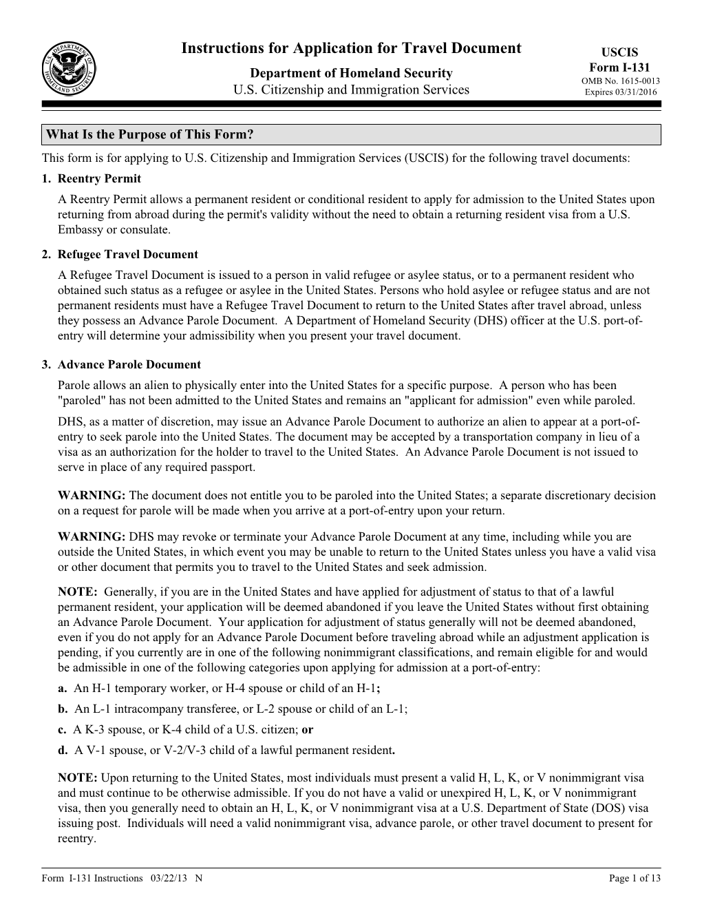 Application for Travel Document USCIS Department of Homeland Security Form I-131 OMB No