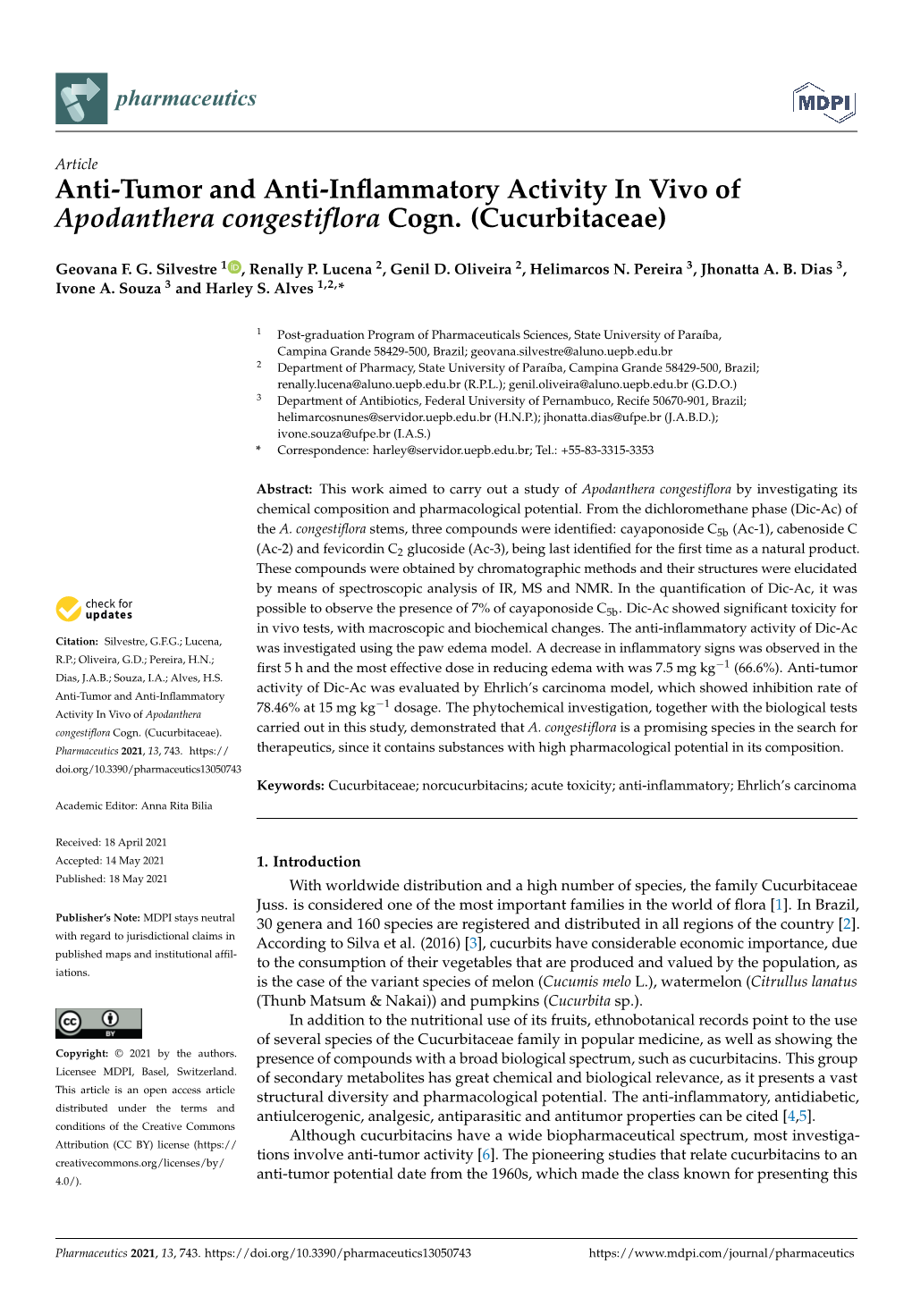 Anti-Tumor and Anti-Inflammatory Activity in Vivo of Apodanthera