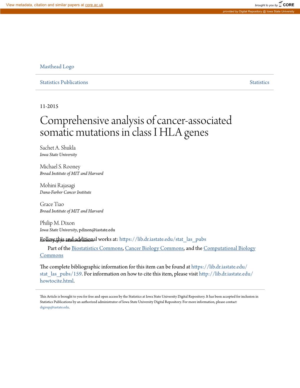 Comprehensive Analysis of Cancer-Associated Somatic Mutations in Class I HLA Genes Sachet A