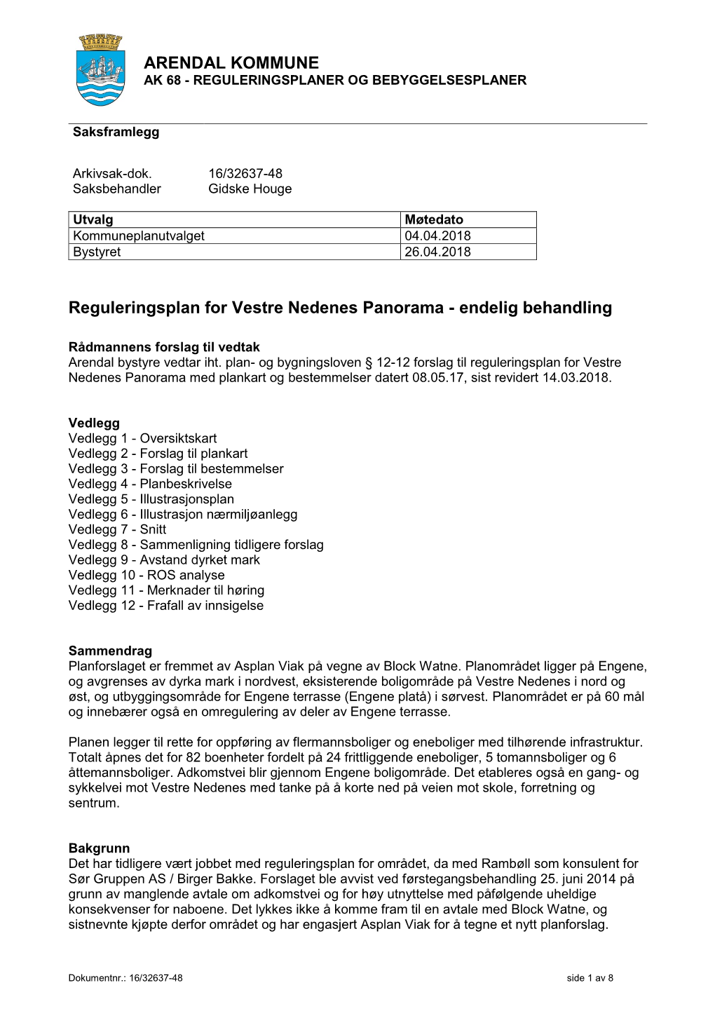 ARENDAL KOMMUNE Reguleringsplan for Vestre