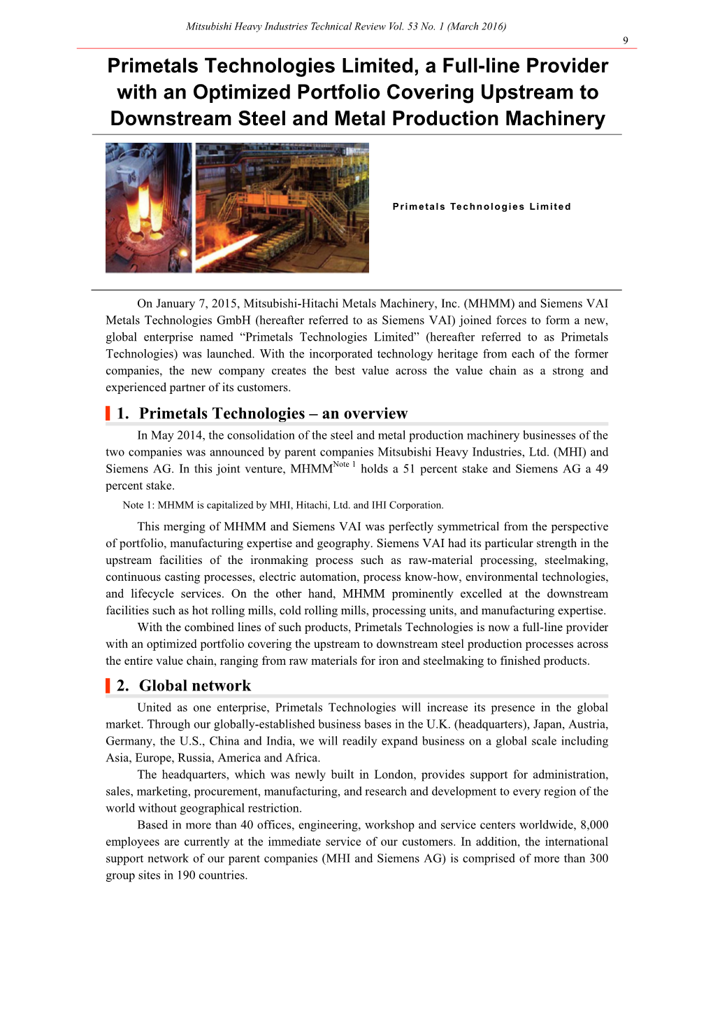 Primetals Technologies Limited, a Full-Line Provider with an Optimized Portfolio Covering Upstream to Downstream Steel and Metal Production Machinery