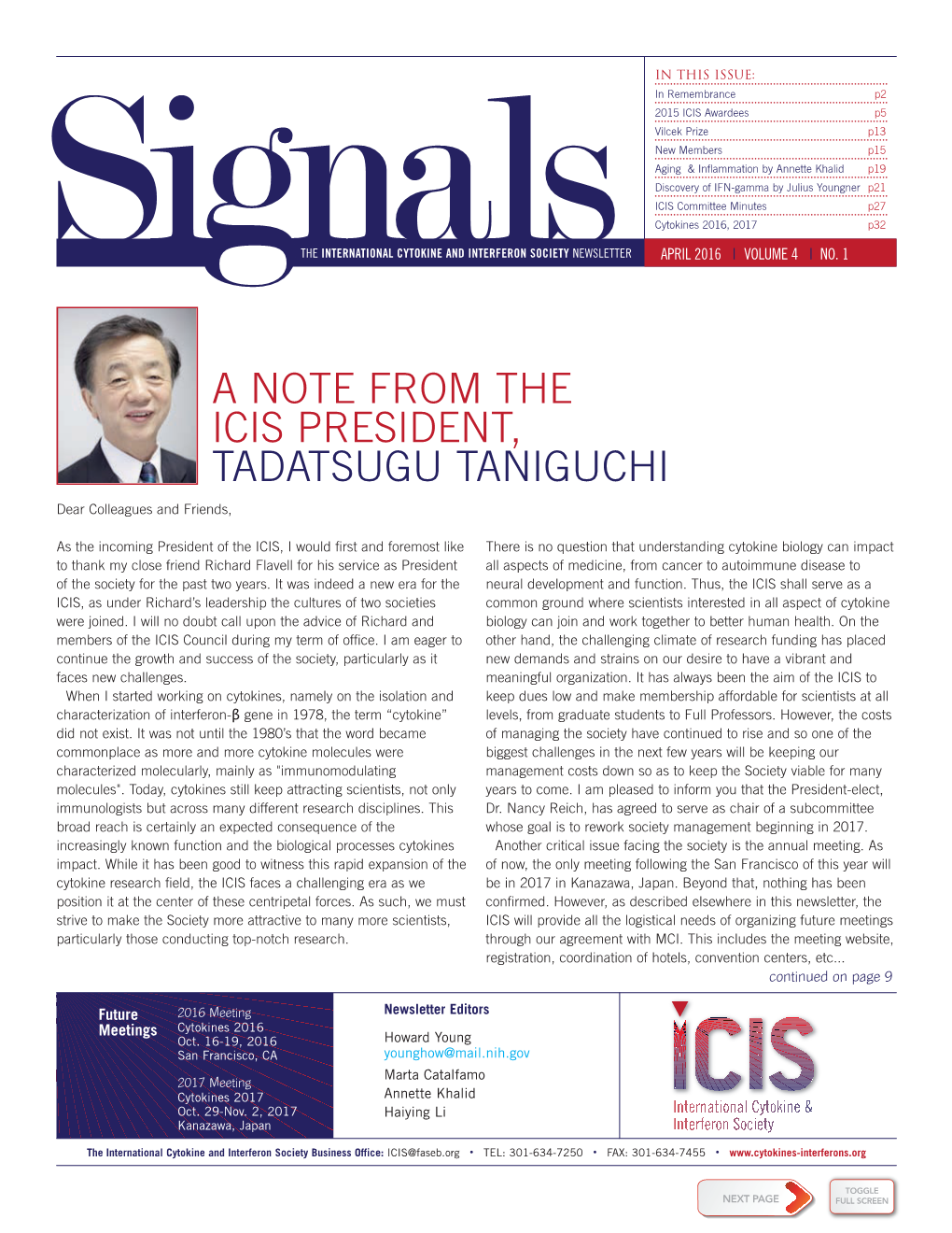 A NOTE from the ICIS PRESIDENT, TADATSUGU TANIGUCHI Dear Colleagues and Friends