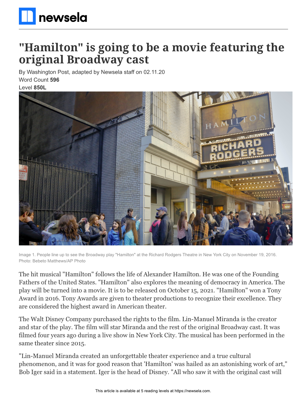 "Hamilton" Is Going to Be a Movie Featuring the Original Broadway Cast by Washington Post, Adapted by Newsela Staff on 02.11.20 Word Count 596 Level 850L