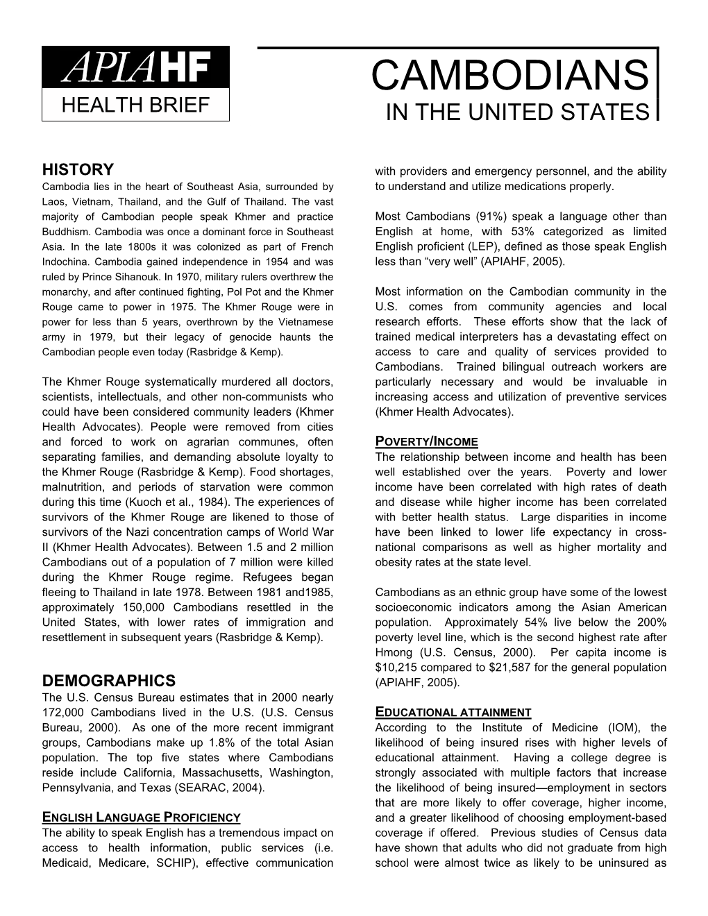 Cambodians Health Brief in the United States