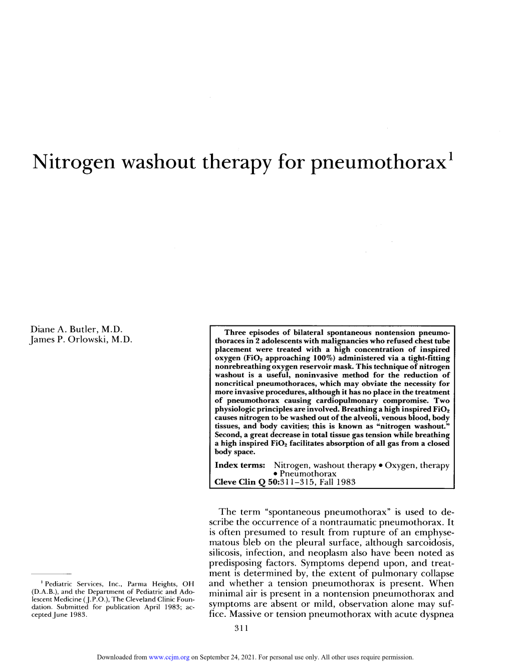 Nitrogen Washout Therapy for Pneumothorax1