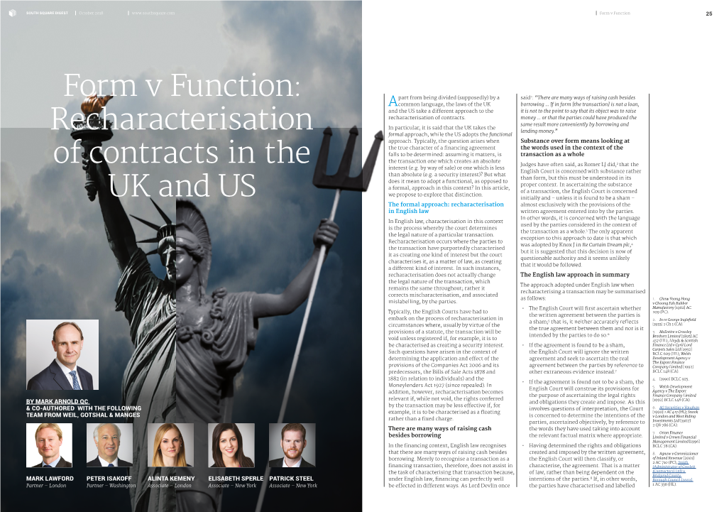 Form V Function: Recharacterisation of Contracts in the UK and US