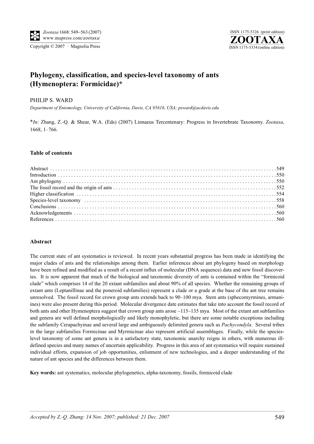 Zootaxa,Phylogeny, Classification, and Species-Level Taxonomy of Ants