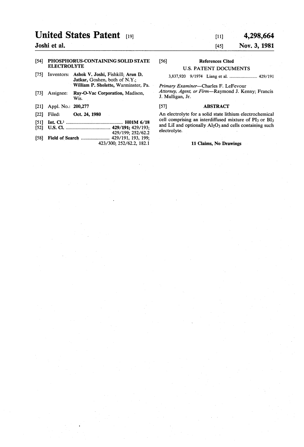 United States Patent [191 [11] 4,298,664 Joshi Et Al