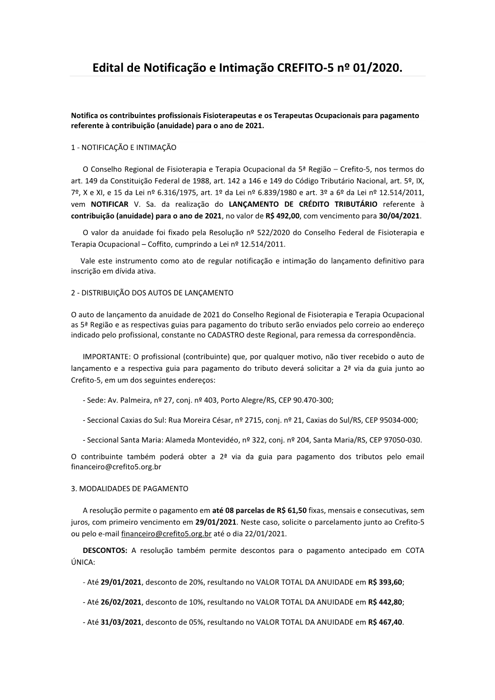 Edital De Notificação E Intimação CREFITO-5 Nº 01/2020