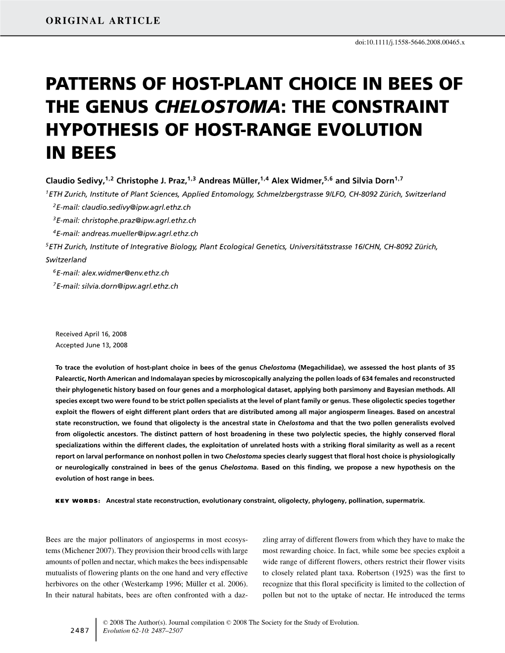 Chelostoma: the Constraint Hypothesis of Host-Range Evolution in Bees