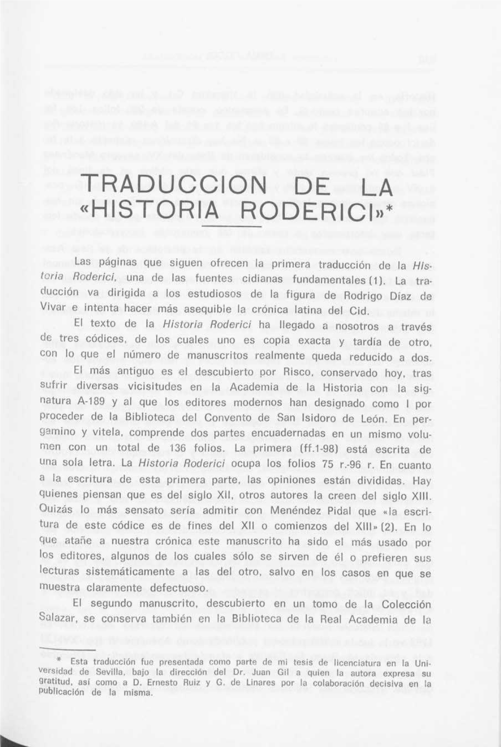 Traduccion De La « Historia Roderici»*