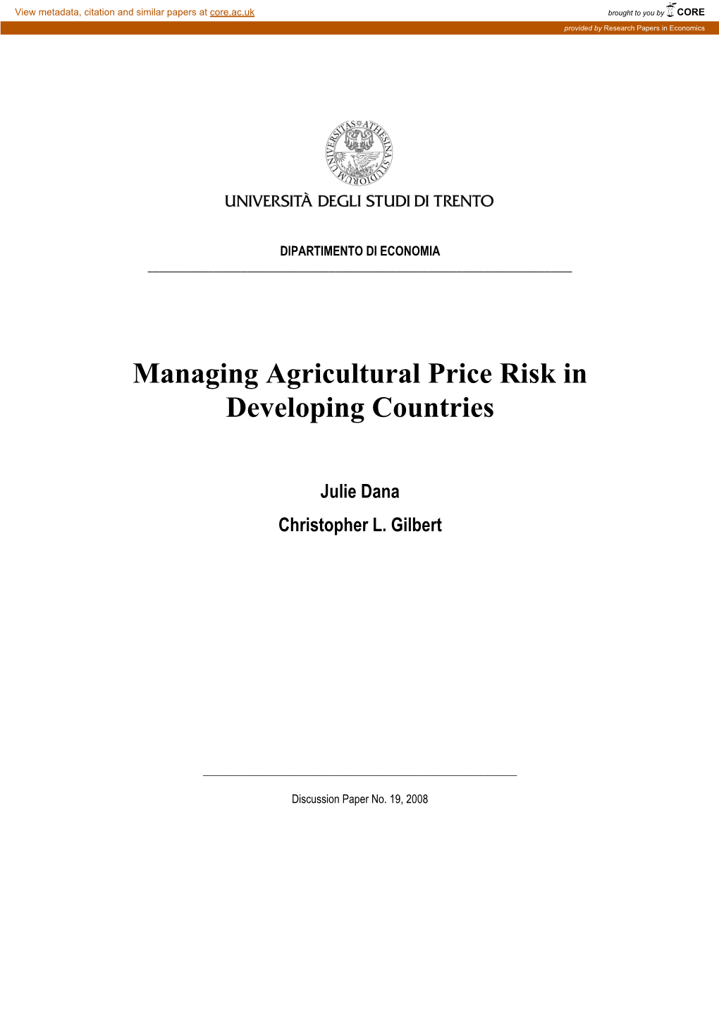 Managing Agricultural Price Risk in Developing Countries