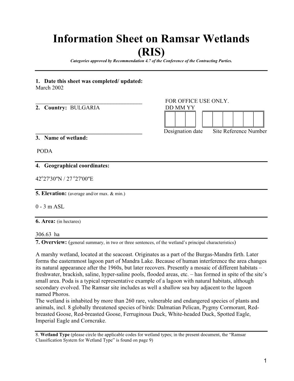 RIS) Categories Approved by Recommendation 4.7 of the Conference of the Contracting Parties