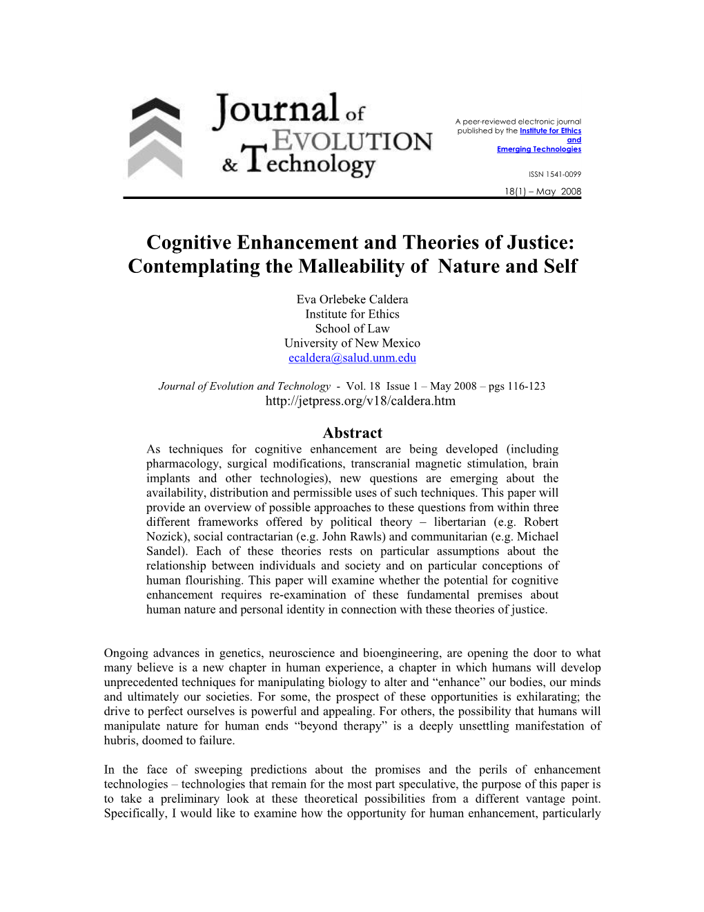 Cognitive Enhancement and Theories of Justice: Contemplating the Malleability of Nature and Self