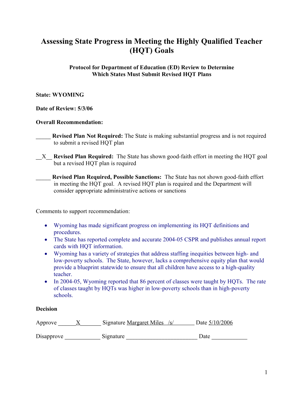 Assessing State Progress in Meeting the Highly Qualified Teacher (HQT) Goals - Wyoming (MS Word)