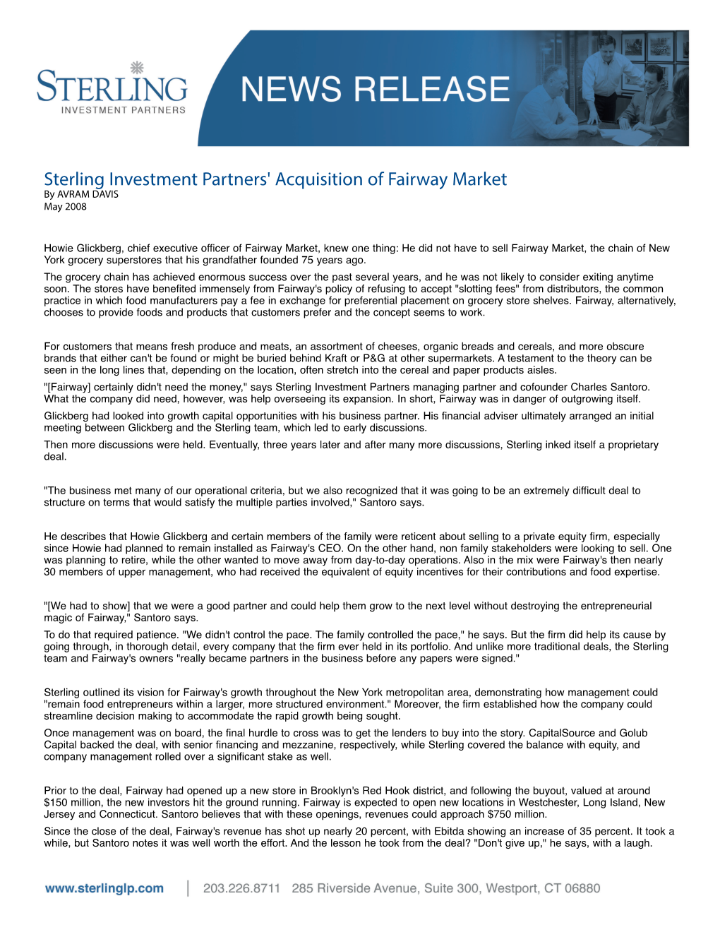 Sterling Investment Partners' Acquisition of Fairway Market by AVRAM DAVIS May 2008