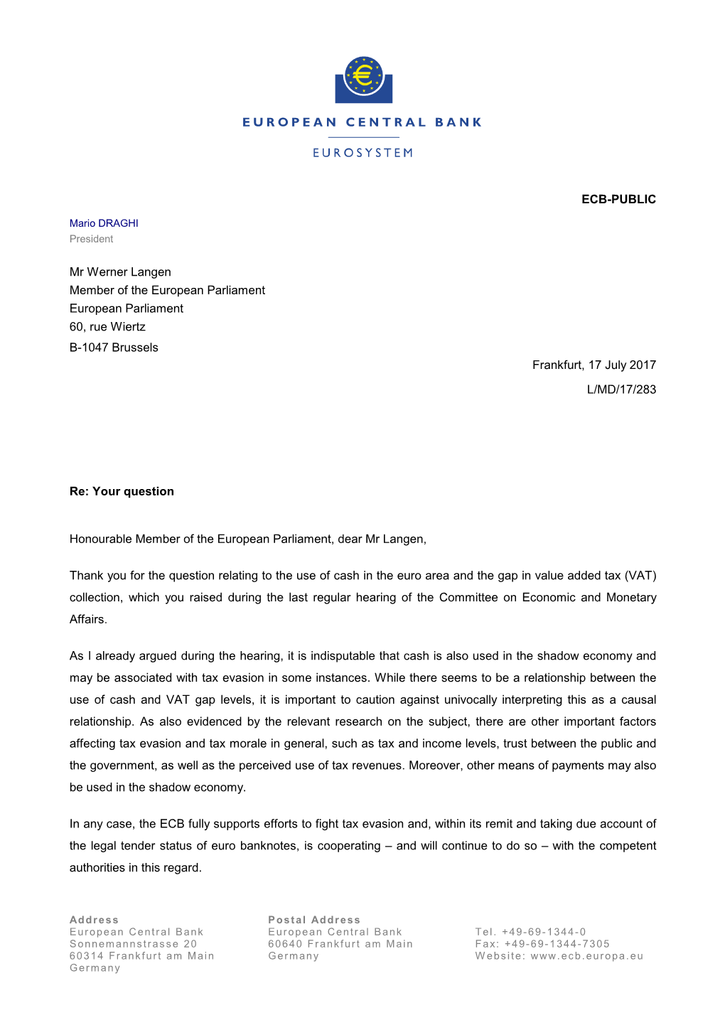 Letter from the ECB President to Mr Werner Langen, MEP, on Fighting
