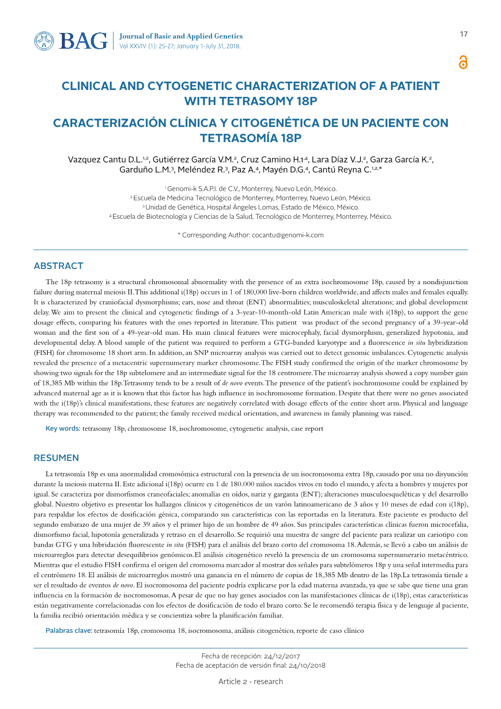 Clinical and Cytogenetic Characterization of a Patient with Tetrasomy 18P Caracterización Clínica Y Citogenética De Un Paciente Con Tetrasomía 18P