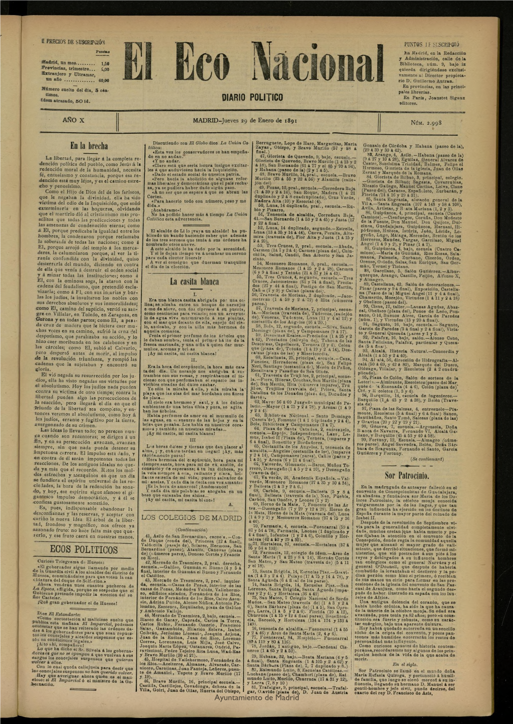 El Eco Nacional De 29 De Enero De 1891, Nº 2998