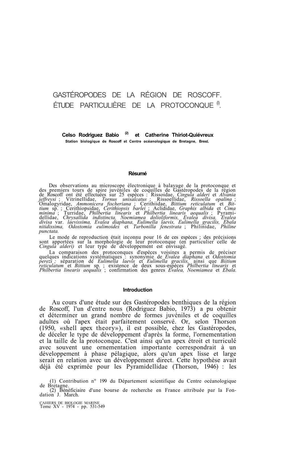 Gastéropodes De La Région De Roscoff. Étude Particulière De La Protoconque (I)