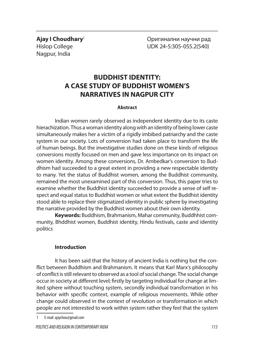 Buddhist Identity: a Case Study of Buddhist Women’S Narratives in Nagpur City
