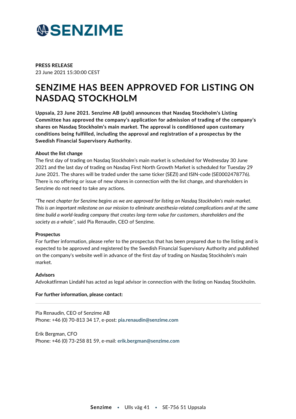 Senzime Has Been Approved for Listing on Nasdaq Stockholm