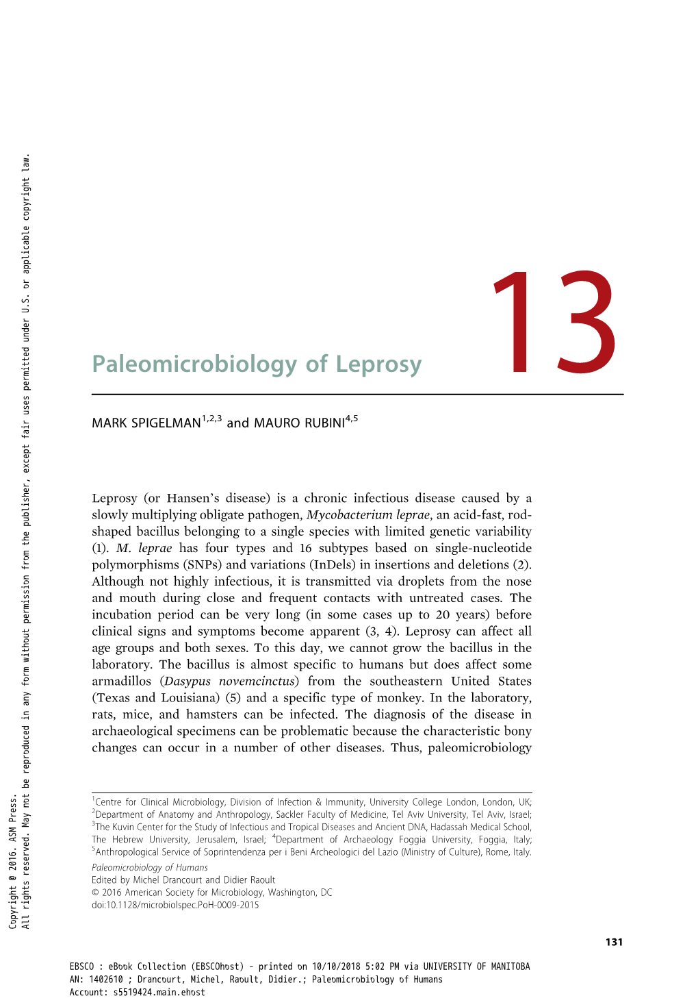 Paleomicrobiology of Leprosy 13 MARK SPIGELMAN1,2,3 and MAURO RUBINI4,5