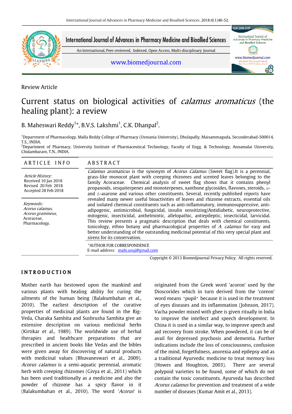 Current Status on Biological Activities of Calamus Aromaticus (The Healing Plant): a Review