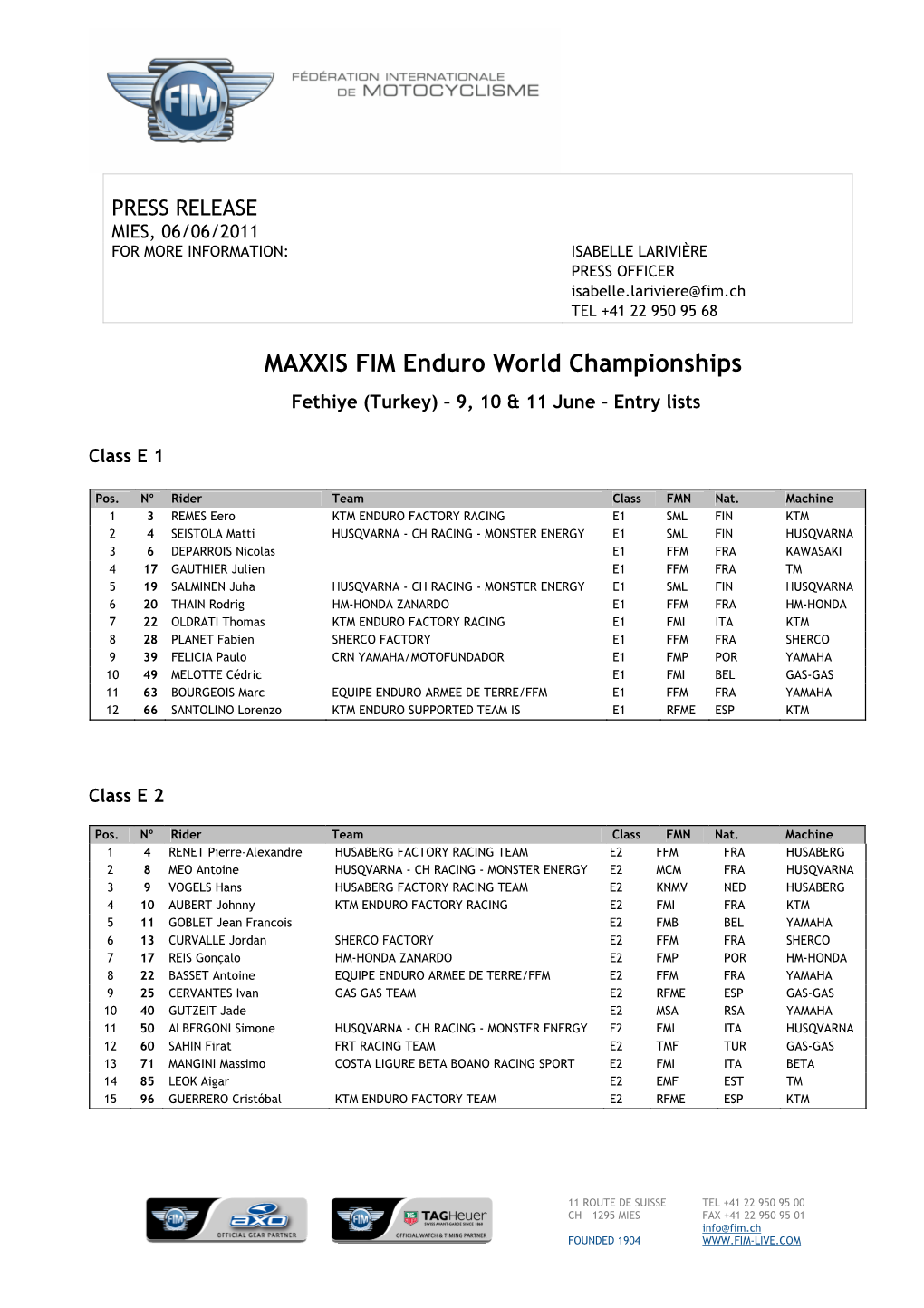 MAXXIS FIM Enduro World Championships Fethiye (Turkey) – 9, 10 & 11 June – Entry Lists