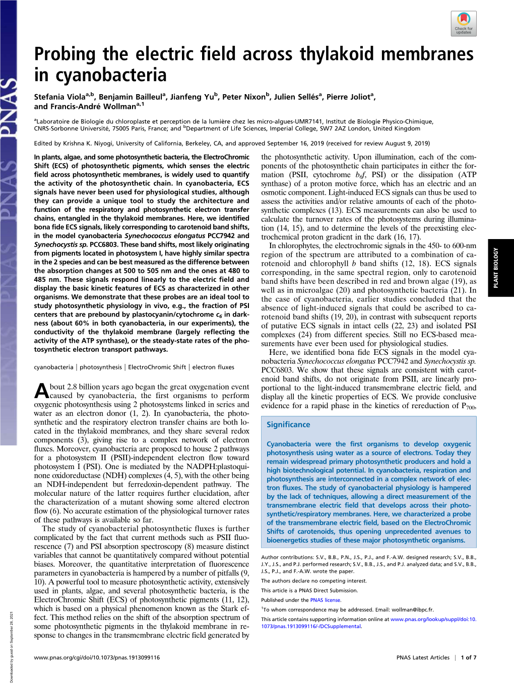 Probing the Electric Field Across Thylakoid Membranes in Cyanobacteria